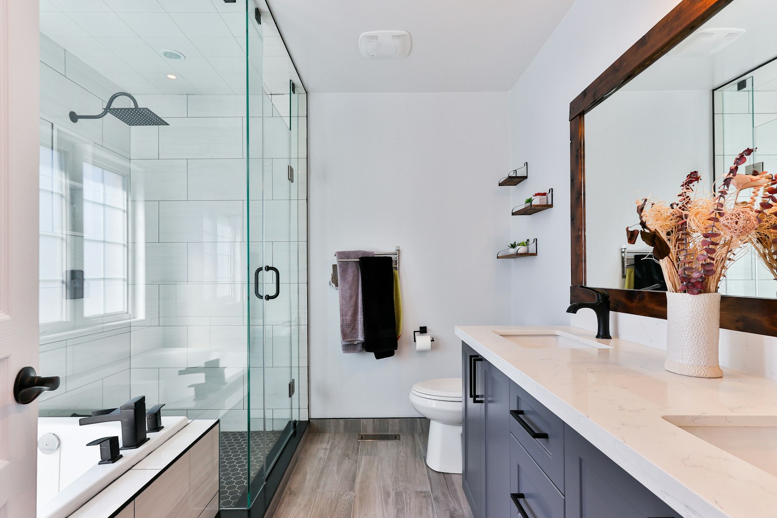 Bright bathroom with glass shower